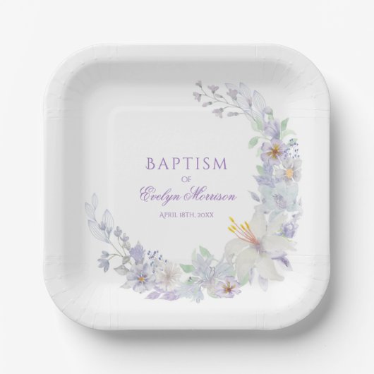 Lavender Floral Baptism Paper Plates Papieren Bordje (Voorkant)