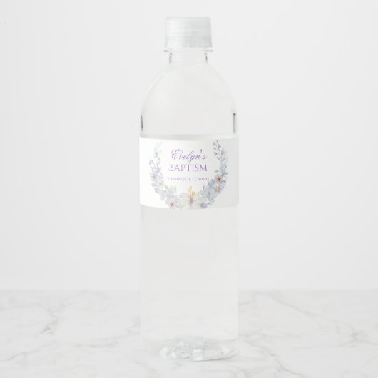 Lavender Floral Baptism Water Bottle Label Waterfles Etiket (Voorkant)
