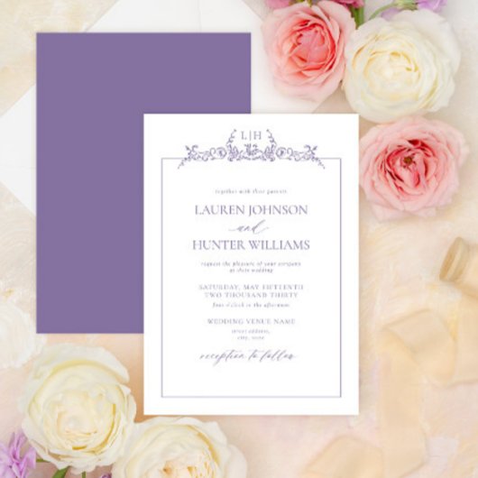 Lavender Floral Border Monogram Weddenschap Kaart