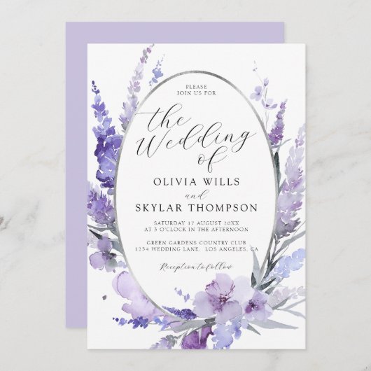 Lavender Floral Botanical Lila Silver Wedding Kaart (Voorkant / Achterkant)