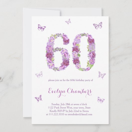 Lavender Floral Butterfly 60th Birthday Party Kaart (Voorkant)