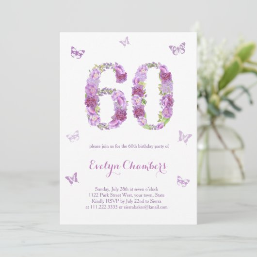 Lavender Floral Butterfly 60th Birthday Party Kaart (Staand voorkant)