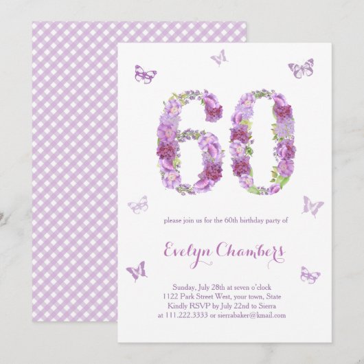 Lavender Floral Butterfly 60th Birthday Party Kaart (Voorkant / Achterkant)