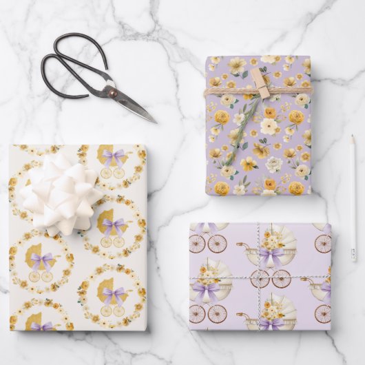 Lavender Floral Carriage Baby Shower Gift Wrap Set Inpakpapier Vel (Voorkant)