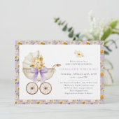Lavender Floral Carriage Baby Shower Invite Kaart (Staand voorkant)