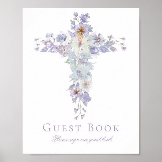 Lavender Floral Cross Baptism Guest Book Sign Poster (Voorkant)