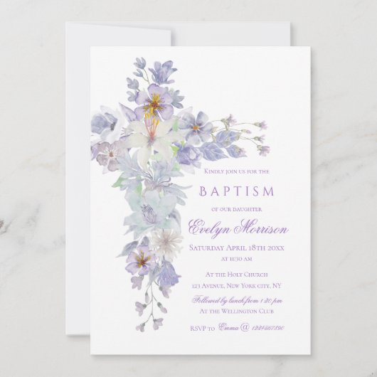 Lavender Floral Cross Baptism Invitation Kaart (Voorkant)