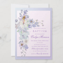 Lavender Floral Cross Baptism Invitation Kaart