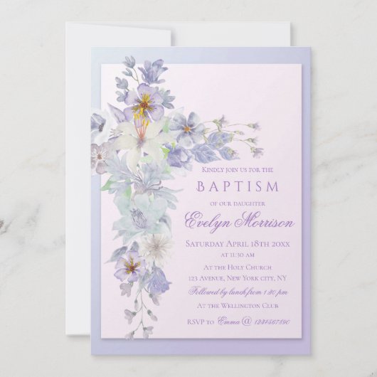 Lavender Floral Cross Baptism Invitation Kaart (Voorkant)