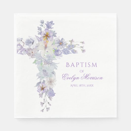 Lavender Floral Cross Baptism Napkins Servet (Voorkant)