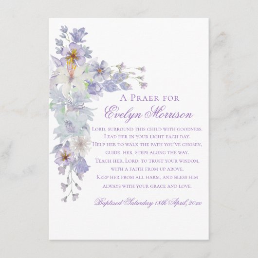 Lavender Floral Cross Baptism Prayer Card Informatiekaartje (Voorkant)
