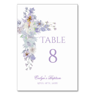Lavender Floral Cross Baptism Table Number Kaart