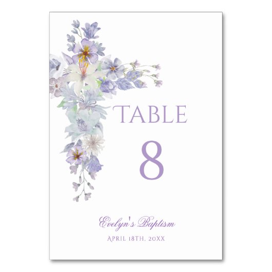 Lavender Floral Cross Baptism Table Number Kaart (Voorkant)
