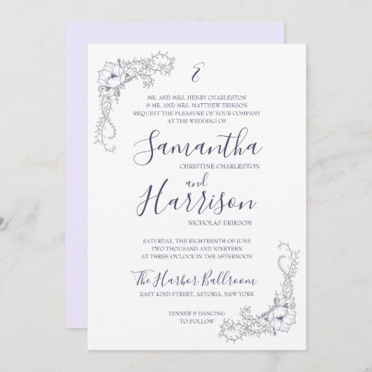 Lavender Floral Elegant and Minimal Wedding Invite Kaart (Voorkant / Achterkant)