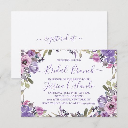 Lavender Floral Elegant Script Bridal Brunch Kaart (Voorkant / Achterkant)