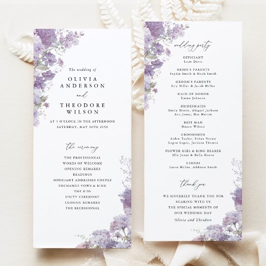 Lavender Floral Elegant Wedding Ceremony Program Programmakaart