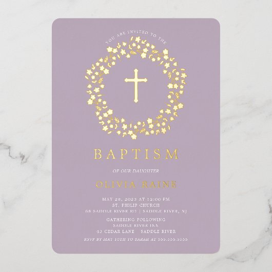 Lavender Floral First Baptism Folie Invitation Folie Uitnodiging (Voorkant)
