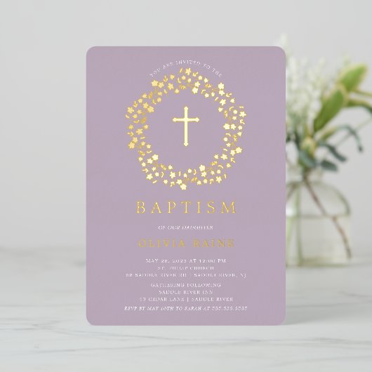 Lavender Floral First Baptism Folie Invitation Folie Uitnodiging (Staand Voorkant)