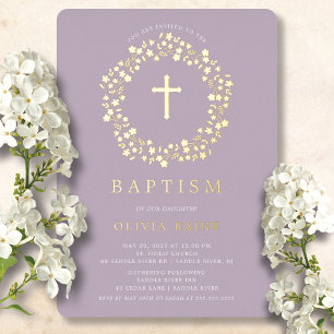 Lavender Floral First Baptism Folie Invitation Folie Uitnodiging
