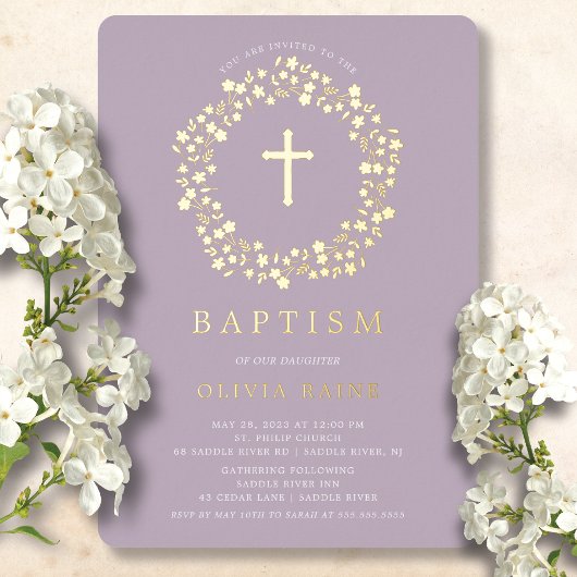Lavender Floral First Baptism Folie Invitation Folie Uitnodiging