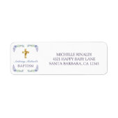 Lavender Floral Gold Cross Baby Baptisme Adres Etiket (Voorkant)