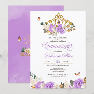 Lavender Floral Gold Tiara Butterfly Quinceanera Kaart