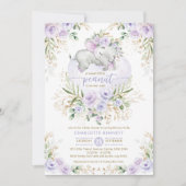 Lavender Floral Greenery Gold Elephant Baby shower Kaart (Voorkant)