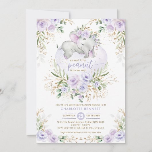 Lavender Floral Greenery Gold Elephant Baby shower Kaart (Voorkant)