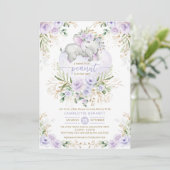 Lavender Floral Greenery Gold Elephant Baby shower Kaart (Staand voorkant)