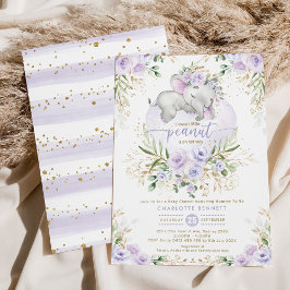 Lavender Floral Greenery Gold Elephant Baby shower Kaart