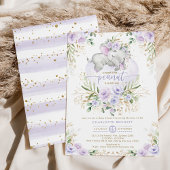 Lavender Floral Greenery Gold Elephant Baby shower Kaart