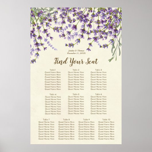 lavender floral ivory bruiloft-zitplattegrond poster (Voorkant)