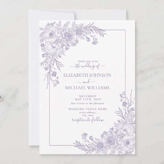  lavender Floral Line Art Foto Weddenschap Kaart (Voorkant)