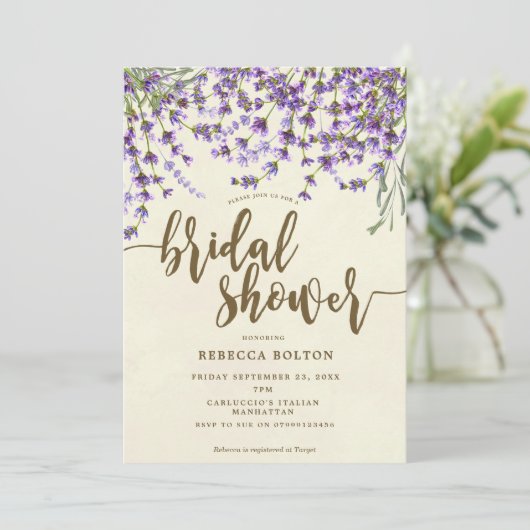 lavender floral modern bridal douche - uitnodiging (Staand voorkant)