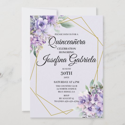 Lavender floral Quinceañera Invitation Kaart (Voorkant)