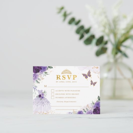 Lavender Floral Quinceanera Princess Dress RSVP Informatiekaartje (Staand voorkant)