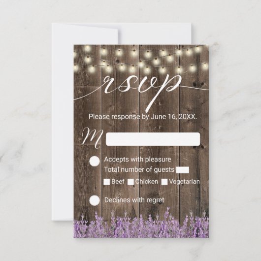 Lavender Floral Rustic String Lights Wedding RSVP Kaartje (Voorkant)