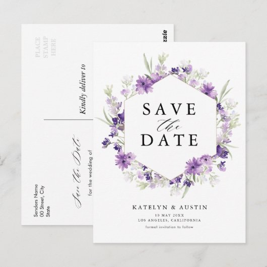lavender floral save the date briefkaart (Voorkant / Achterkant)