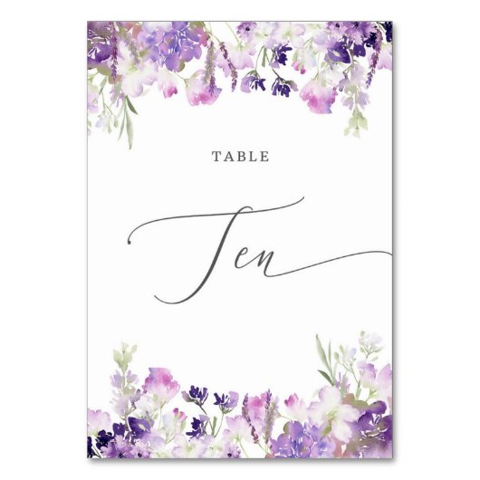 Lavender floral Ten Table Number Kaart (Voorkant)
