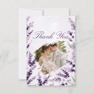Lavender Floral Watercolor Photo Wedding Thank You Bedankkaart