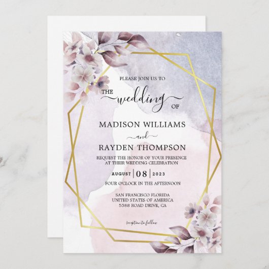 Lavender Floral Waterverf Gold Geometric Wedding Kaart (Voorkant / Achterkant)