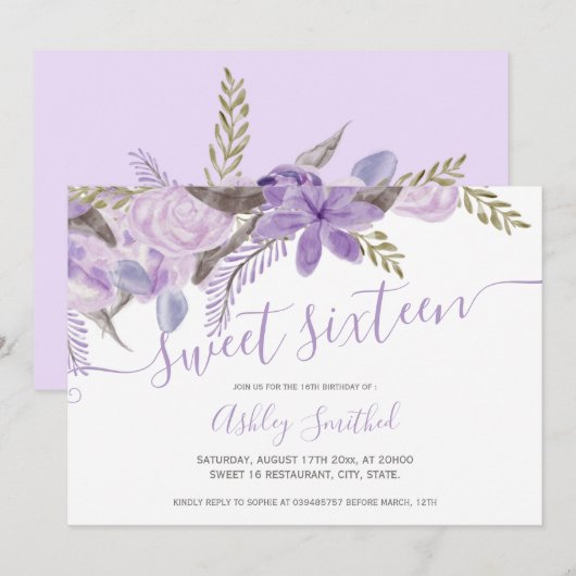 Lavender floral waterverf typografie Sweet 16 Kaart (Voorkant / Achterkant)