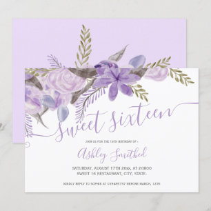 Lavender floral waterverf typografie Sweet 16 Kaart