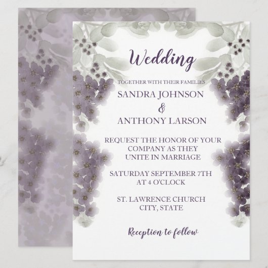 Lavender Floral Waterverf Wedding Invitation Kaart (Voorkant / Achterkant)