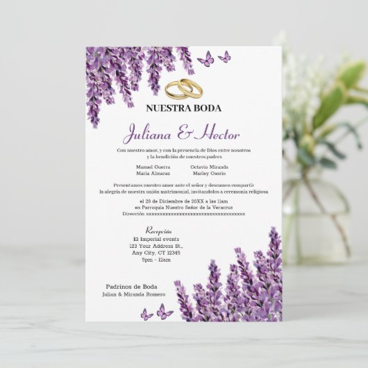 Lavender Floral Wedding Invitation Kaart (Staand voorkant)