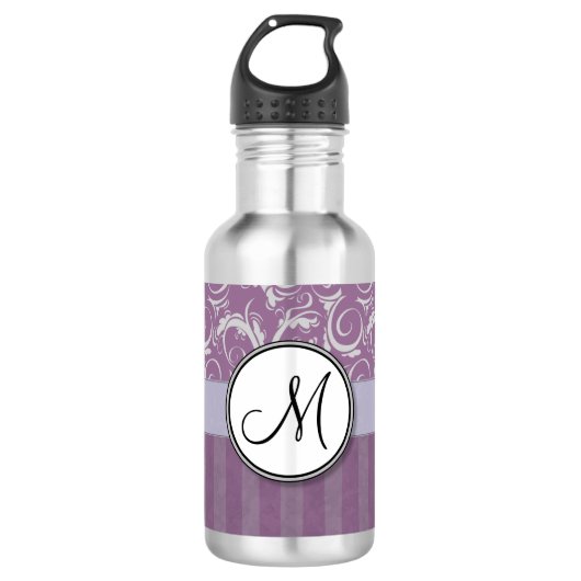 Lavender Floral Wisps & Stripes met monogram Waterfles (Voorkant)