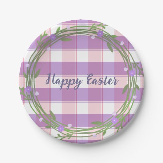 Lavender Floral Wreatroze Check Custom Easter Papieren Bordje (Voorkant)