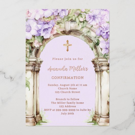 Lavender florals arch beige rose gold Confirmation Folie Uitnodiging (Voorkant)