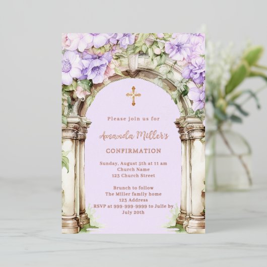 Lavender florals arch beige rose gold Confirmation Folie Uitnodiging (Staand Voorkant)
