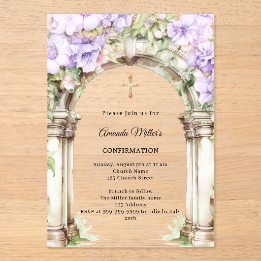 Lavender florals arch girl Confirmation clear Acryl Uitnodigingen (Voorkant)